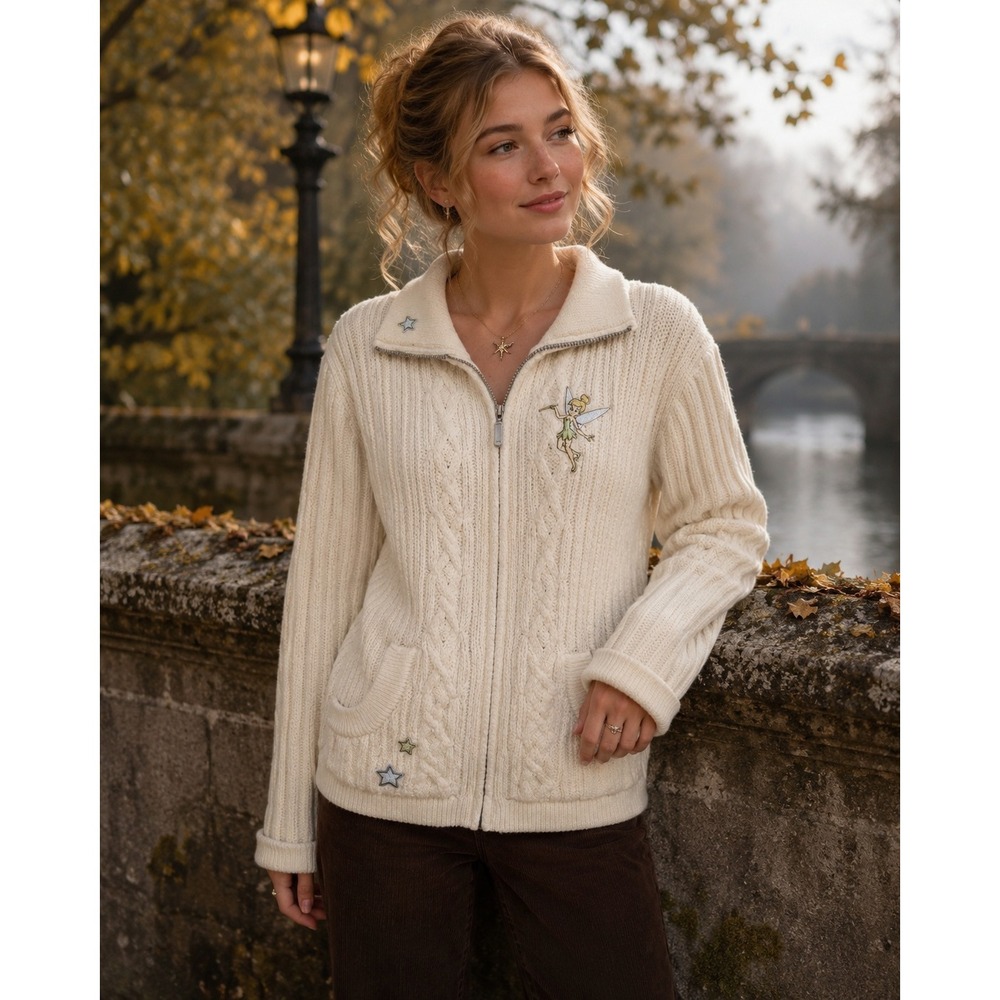 Disney Store Tinker Bell Cream Cable Knit Full Zip Cardigan Sweater Wool Blend M
